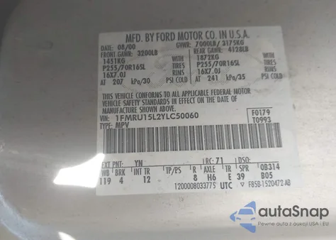 2000 Ford Expedition Xlt из США, поврежденный, VIN 1FMRU15L2YLC50060